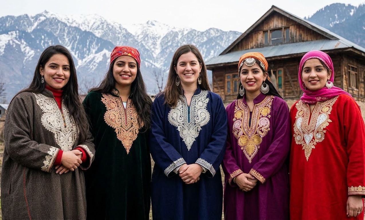 Women in traditional Kashmiri apparel with snow mountains — Kashir Apparels heritage collection