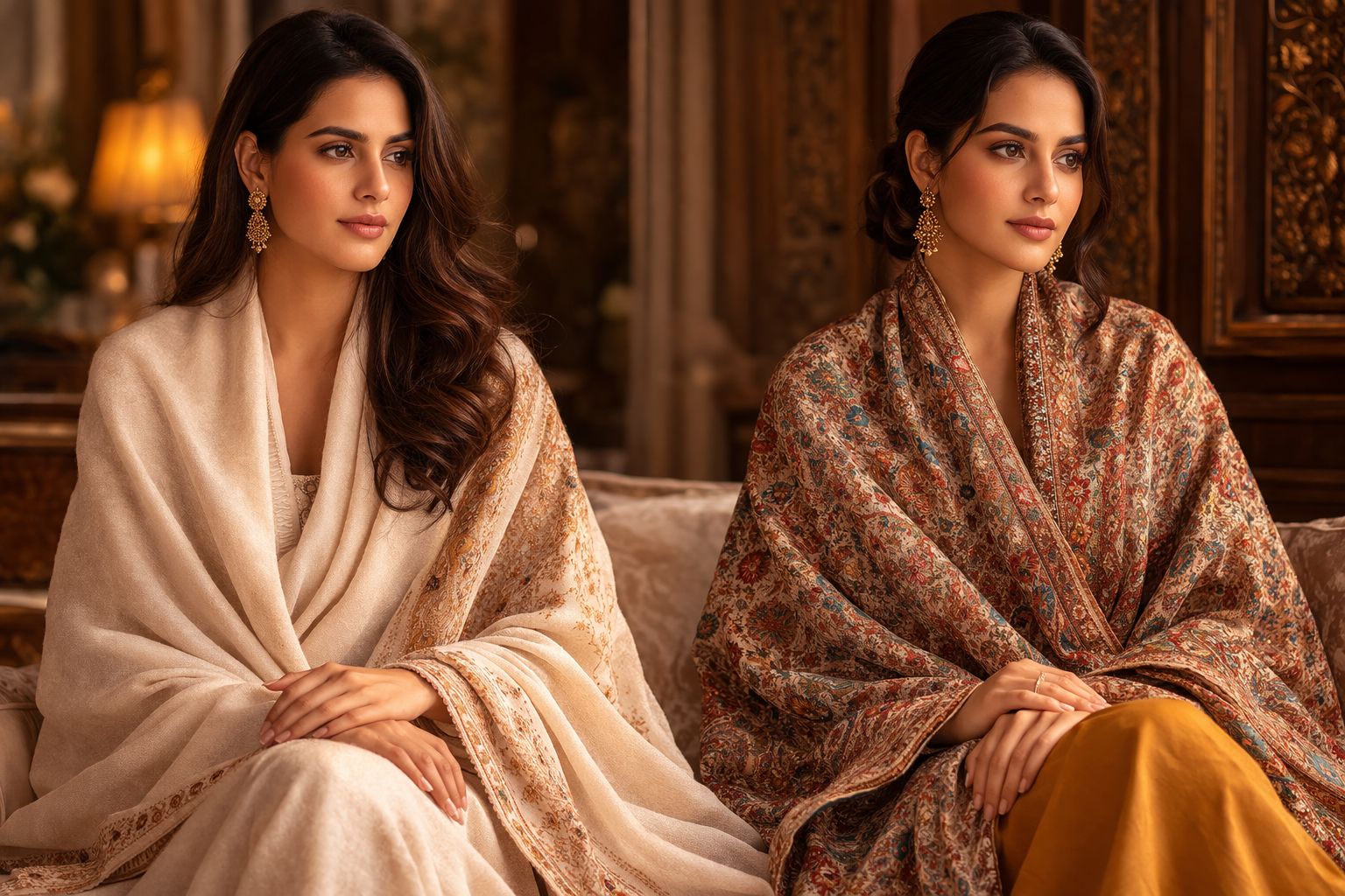 Two women draped in pure Pashmina shawls — Kani weave collection by Kashir Apparels