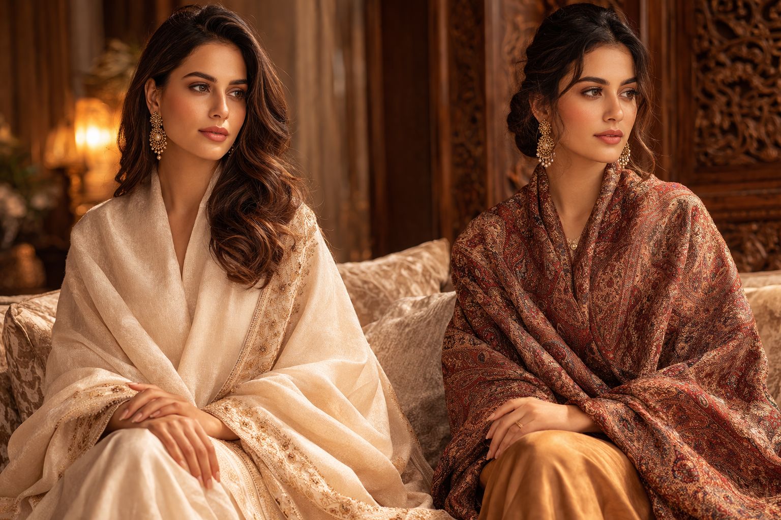 Two women in Kashmiri Pashmina shawls — signature collection by Kashir Apparels