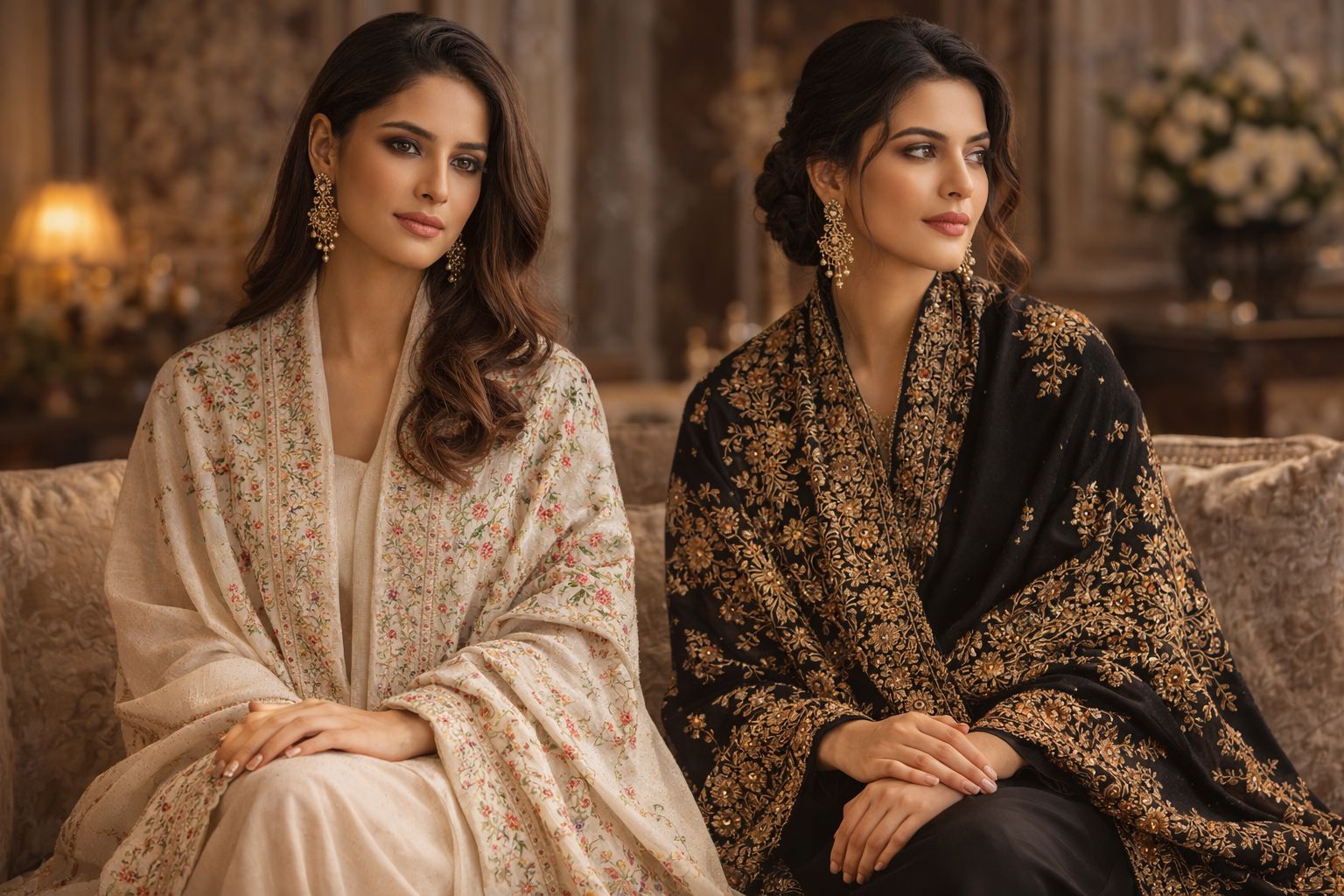 Two women in embroidered Kashmiri shawls — floral and black gold Sozni collection by Kashir Apparels
