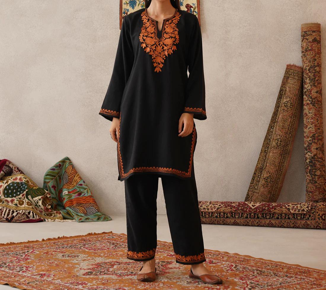 Handcrafted Black Aari Embroidered Kurta Set — authentic Kashmiri Kurta Set by Kashir Apparels