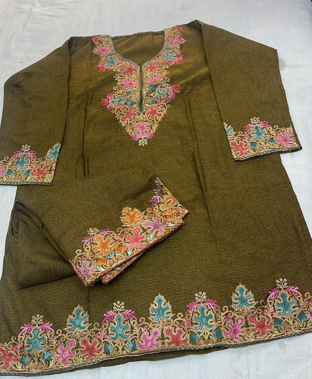 Handcrafted Olive Kashmiri Co-ord Set — authentic Kashmiri Co-ord Set by Kashir Apparels