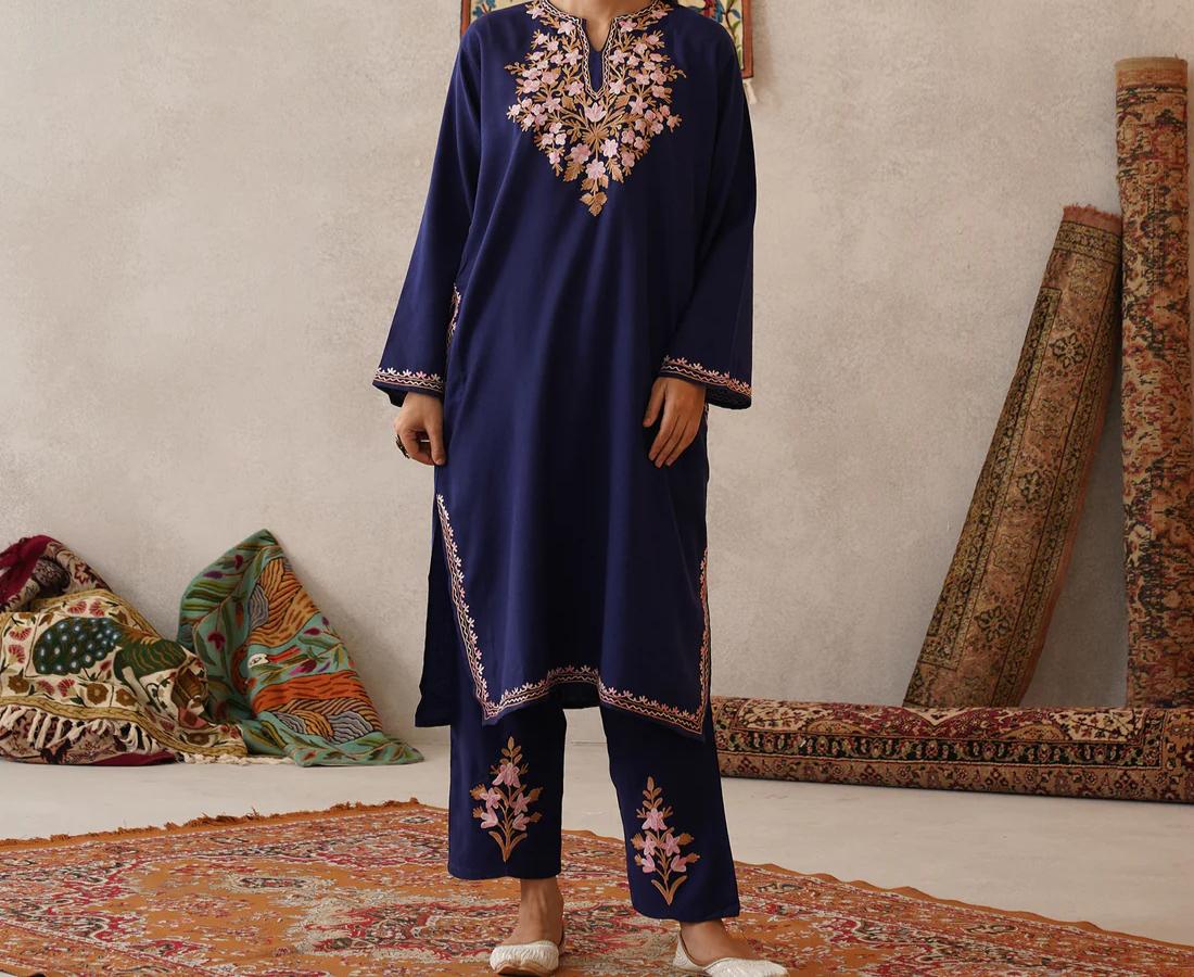Handcrafted Navy Floral Embroidered Co-ord Set — authentic Kashmiri Co-ord Set by Kashir Apparels